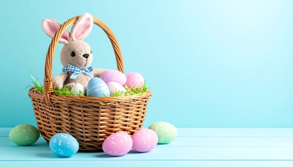 Easter basket filled with colorful eggs and a plush bunny on a soft pastel background