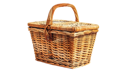 Woven picnic basket with a handle, clasp, and lid, with a blurred background
