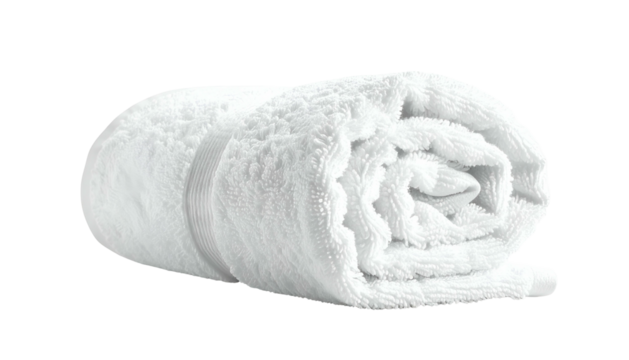Close-up of a rolled white towel, fluffy, with a subtle shadow and crisp lines