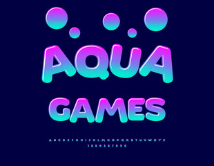 Vector Artistic emblem Aqua Games. Gradient Color Font. Glossy creative Alphabet Letters and Numbers set