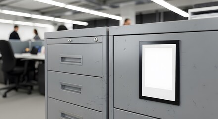 Close-Up View Of A Metal Filing Cabinet With A Blank Photo Frame Attached And An Office Environment Blurred In The Background