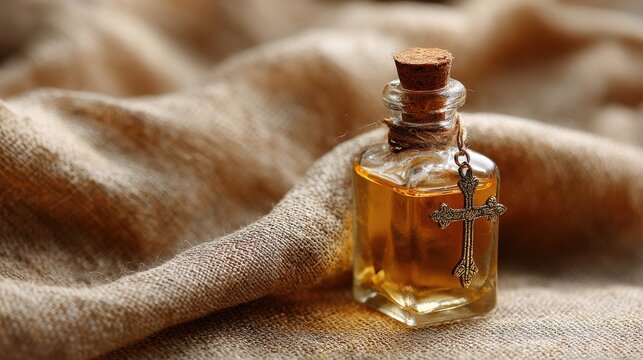 Small glass bottle with golden oil and metal cross charm on soft linen fabric symbolizing anointing blessing and sacred christian ritual in warm light