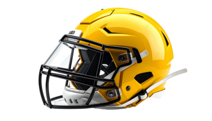 A glossy, golden American football helmet with a black facemask and visor, isolated on black