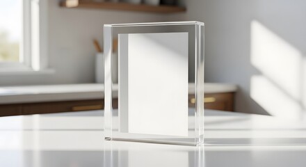 Clear Acrylic Frame with Blank White Insert Displaying on a Light Countertop in a Sunlit Room with Soft Shadows and Blurred Kitchen Background