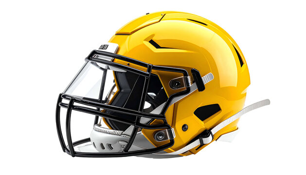 A glossy, golden American football helmet with a black facemask and visor, isolated on black