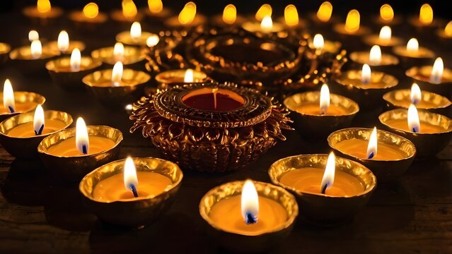 Happy narak chaturdashi festival of lights with glowing diyas and golden glow
