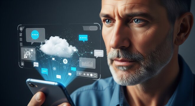 A man with a beard holds a smartphone displaying a holographic interface featuring a human figure, cloud data, and digital elements against a dark background.