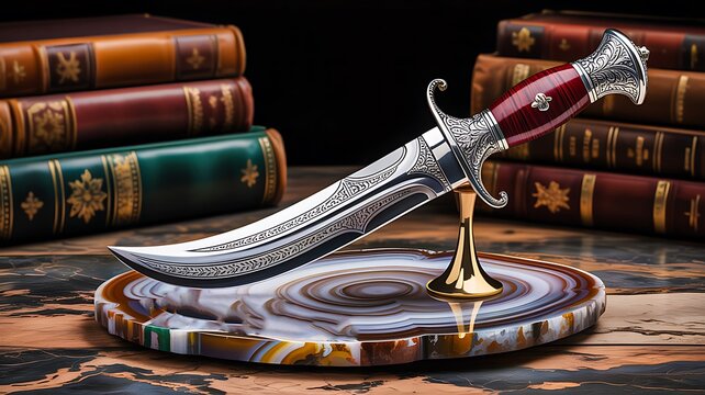Decorative silver dagger with detailed handle placed on stone base near vintage books symbolizing heritage and craftsmanship
