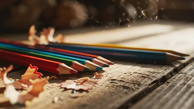 Colored Pencils on Wooden Surface - A close-up shot features several sharpened colored pencils arranged on a rustic wooden surface.