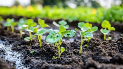 Young Green Plants Growing in Dark Wet Soil