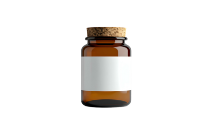 A small, amber glass vial with a cork stopper, white label, set against a stark black background