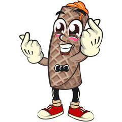 funny cute wafer stick biscuit mascot character two hands giving a sign of love, cartoon vector illustration for dessert and bakery design, work of hand drawn