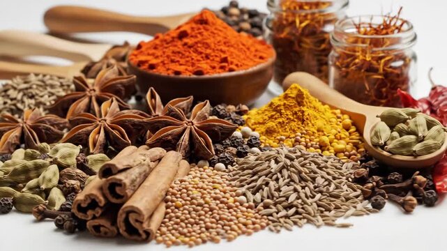 Assortment of Spices and Herbs - This video showcases a vibrant collection of spices and herbs, including star anise, cinnamon sticks, chili powder, turmeric powder, mustard seeds, cumin, cardamom,