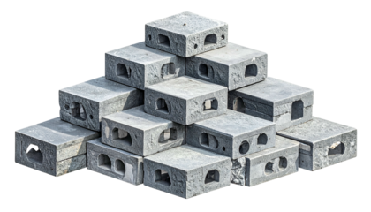 A pyramid of gray, hollow concrete blocks, with rectangular openings, stacked neatly