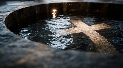 Stone baptismal font filled with holy water reflecting cross shape in soft light symbolizing purification faith and spiritual renewal ideal for Christian church visuals