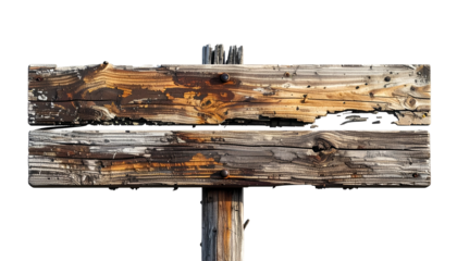 Weathered wooden signpost with two horizontal planks against a black background