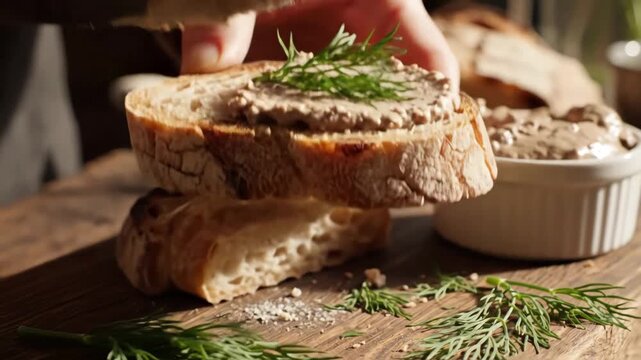 Liver Pate Sandwich Preparation - A hand spreads liver pate onto a slice of crusty bread with a knife, garnished with fresh dill.
