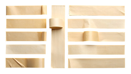 Various tan paper tape pieces and a roll arranged on a dark background