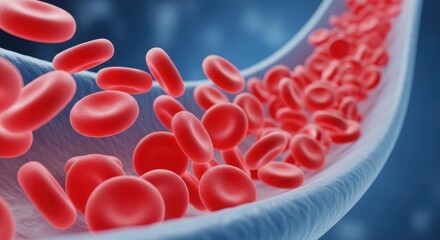 Fototapeta premium Red blood cells floating through a vein, microscopic view of human bloodstream, circulatory system, 3D render of erythrocytes