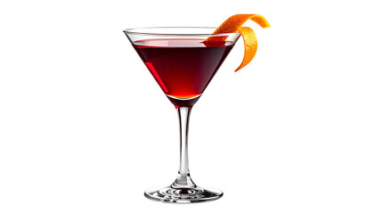 A martini glass filled with a dark red cocktail, garnished with an orange peel twist