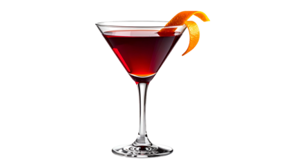 A martini glass filled with a dark red cocktail, garnished with an orange peel twist