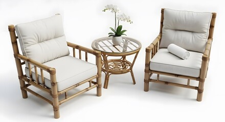 Elegant Bamboo Armchairs and Side Table Arrangement with White Cushions and Orchid Plant