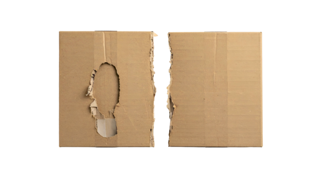 Two torn cardboard pieces isolated on black. One has a footprint-shaped hole