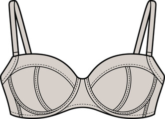 Black and white fashion sketch of balconette bra, structured cups, wide-set straps, underwire support, panel stitching, lingerie design, garment construction, vector template