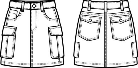 Black and white fashion sketch of cargo skirt, front and back view, belt loops, flap pockets, button closure, stitching details, garment construction, vector template © Mason Murp Creations