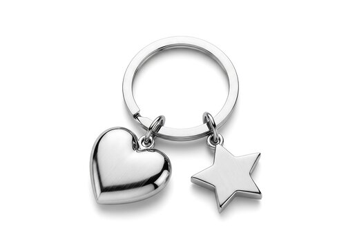 A sleek silver keyring featuring a heart-shaped charm and a star-shaped charm, presented against a clean background.