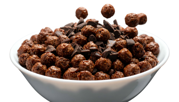 A white bowl overflows with chocolate cereal and chunks, some floating, against a black background