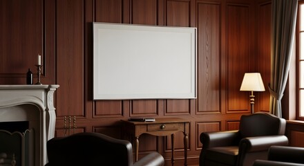 Elegant Library Room With Framed Blank White Space Over Fireplace and Comfortable Leather Armchairs, Warm Lighting