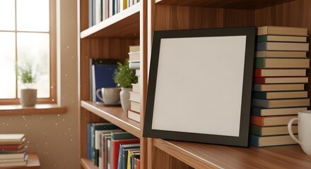 Empty Photo Frame on a Wooden Bookshelf with Natural Light Streaming Through a Window and Scattered Dust Particles