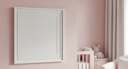 Empty White Picture Frame Hanging On A Soft Pink Nursery Wall Next To A Crib With A Stuffed Animal