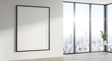 Empty White Poster Frame In A Modern Office With Large Windows Overlooking A Cityscape And Sunny Sky