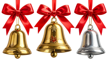 Three festive bells, gold and silver, adorned with red satin bows, against a black background