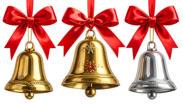 Three festive bells, gold and silver, adorned with red satin bows, against a black background