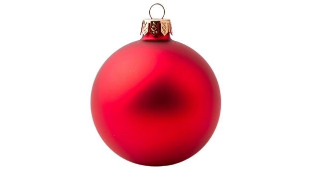 A vibrant red, shiny Christmas ornament with a metallic top, isolated against a black background