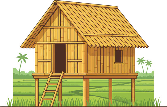Traditional bamboo stilt house in a tropical rural landscape. A classic Bahay Kubo, or nipa hut, from the Philippines, standing in a lush green rice paddy field.
