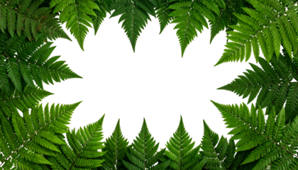 A dense frame of vibrant green fern fronds encircles a dark central void