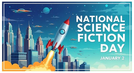 National science fiction day rocket launch over futuristic cityscape