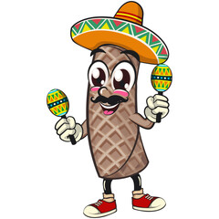 funny cute wafer stick biscuit mascot character have mustache and wears a sombrero and plays with maracas, cartoon vector illustration for dessert and bakery design, work of hand drawn