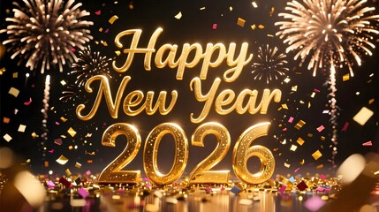 Golden Happy New Year 2026 text surrounded by confetti fireworks cinematic celebration style elegant lighting