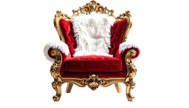 Regal red and gold ornate armchair, adorned with white fluffy trim, set against a black backdrop