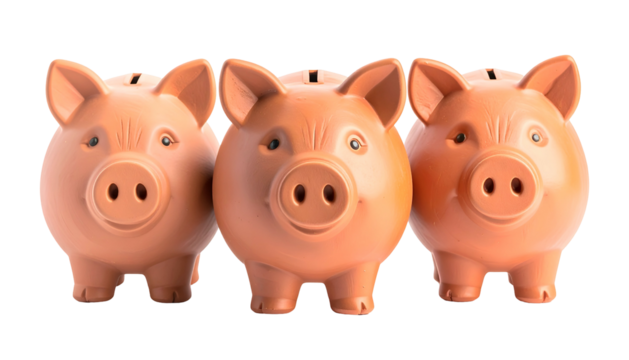 Three identical ceramic piggy banks in a row, facing forward, with money slots