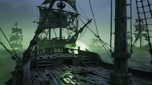 Ghost Ships in Eerie Fog - The video shows the moss-covered, decayed railing and masts of a ghostly pirate ship, with two similar ships in the background shrouded in a heavy, green-tinged fog.