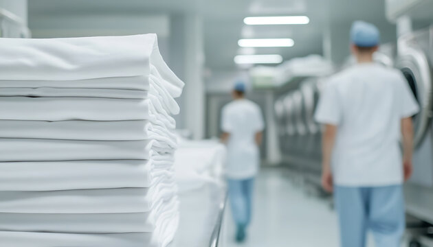 Crisp, neatly stacked white linens await use in a clean, modern laundry facility. Workers ensure hygiene, maintaining cleanliness throughout the facility. Freshness guaranteed.