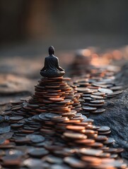 Obraz premium Buddha statue meditating on a pile of coins symbolizing balance between wealth and mindfulness, and spiritual balance in life, A serene Buddha statue meditating on stacked coins