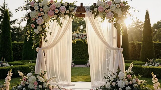 Floral Wedding Arch in Garden Setting - A beautifully decorated wedding arch is draped with sheer white fabric and adorned with blush and white flowers and greenery.