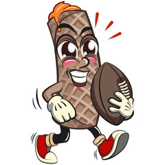 funny cute wafer stick biscuit mascot character playing rugby and american football, cartoon vector illustration for dessert and bakery design, work of hand drawn